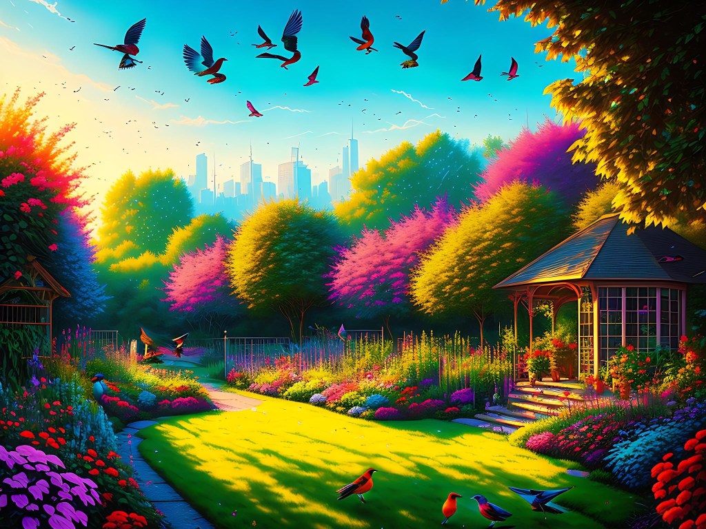 Garden in a city with birds created by AI